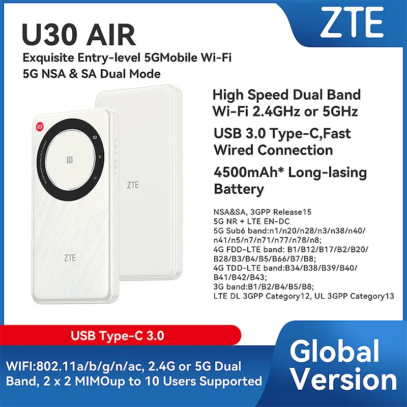 

5G Pocket WIFI Router ZTE U30 Air Smart Dual-networking Router 4500mah