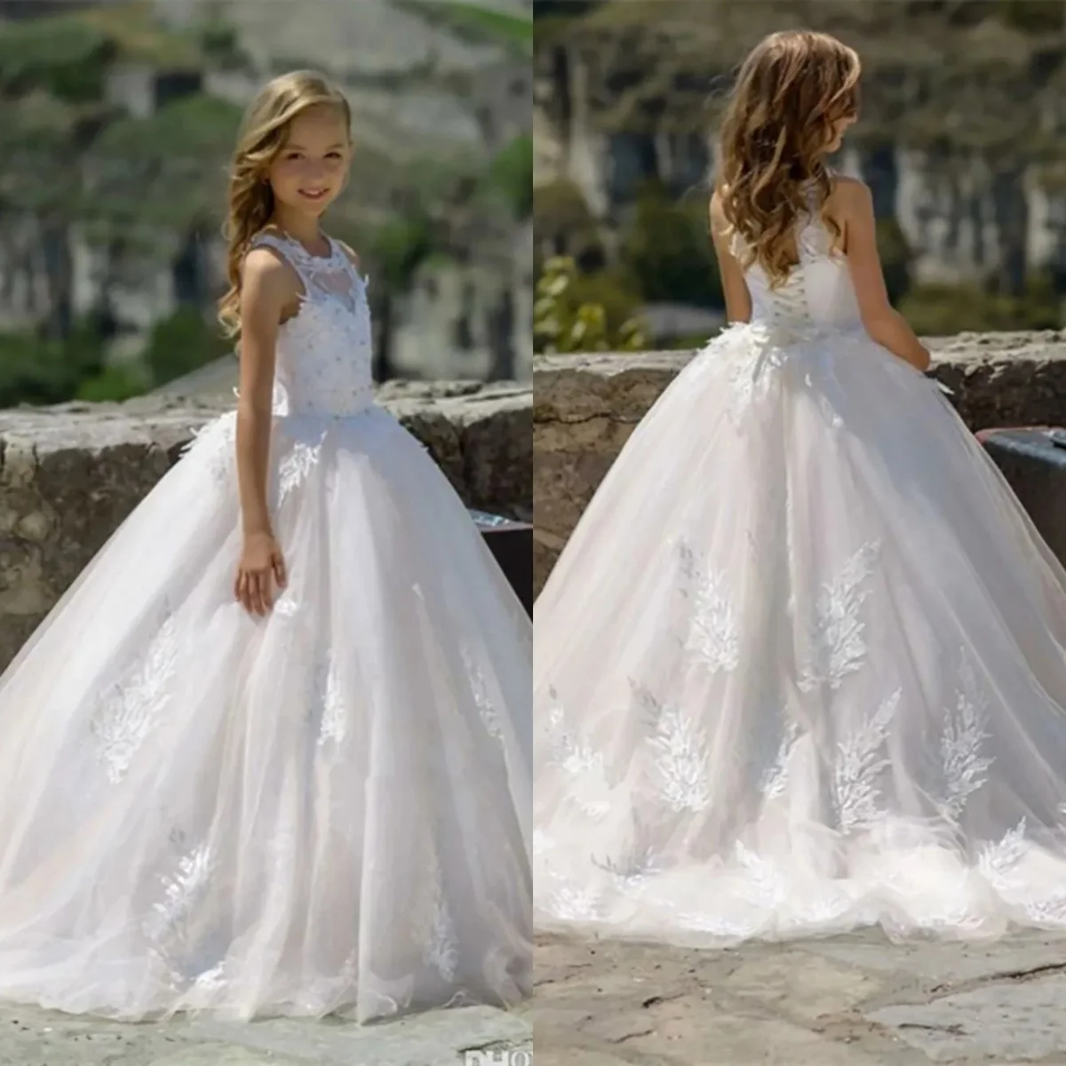 White Flower Girl Dresses for Wedding Lace Appliques Sleeveless Girl Birthday Party Gowns First Communion Gowns Customized