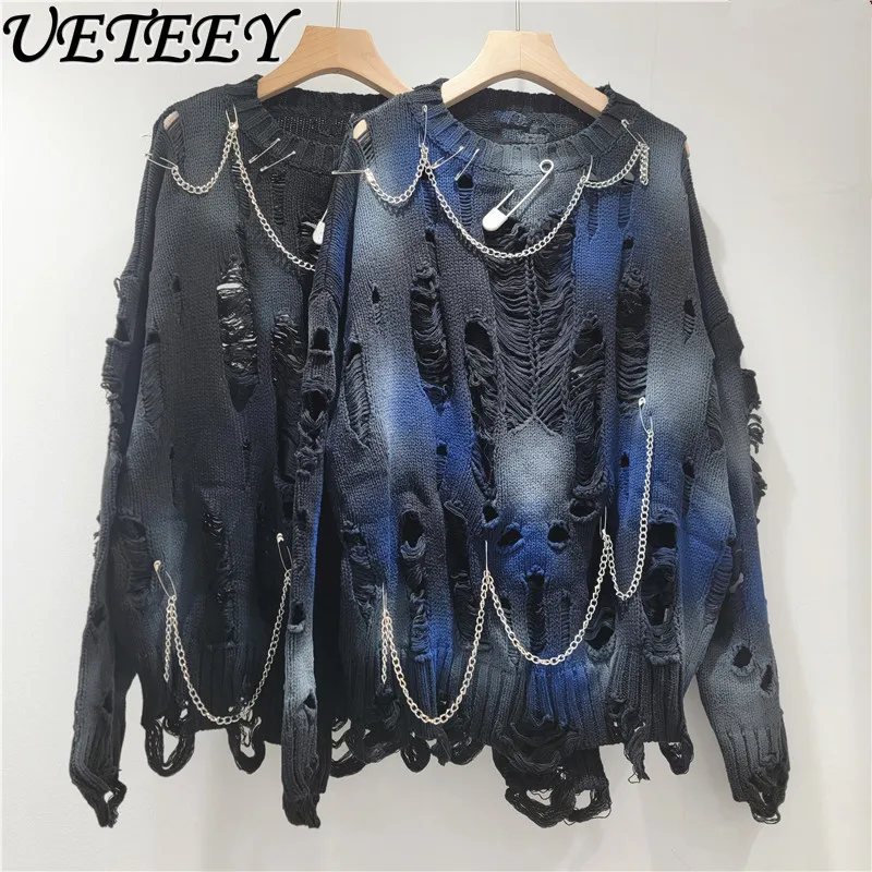 

Unique Design Hollow Out Crew Neck Sweater for Women Korean Versatile Fashion Pin Decoration Round Neck Knitted Pullover