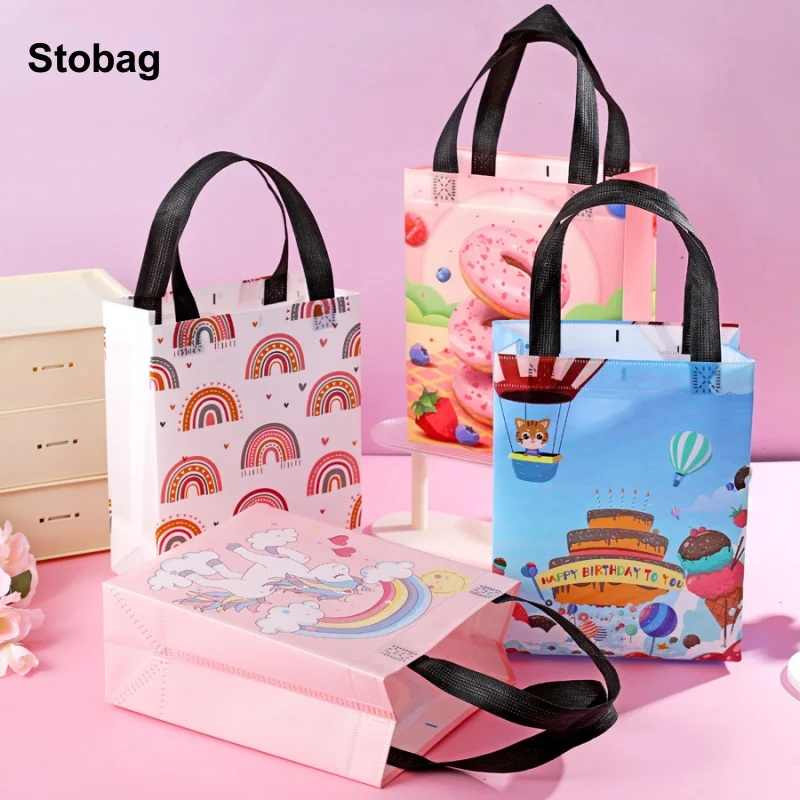 

StoBag 20pcs Cartoon Non-woven Tote Bags Kids Child Gift Packaging Happy Birthday Handbag Fabric Reusable Pouch Party Favors