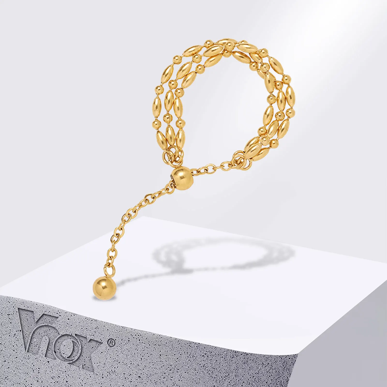 Vnox Minimalist Solid Gold Color Metal Links Rings for Women, Stainless Steel Beads Chain Finger Band, Adjustable Size 7-12#