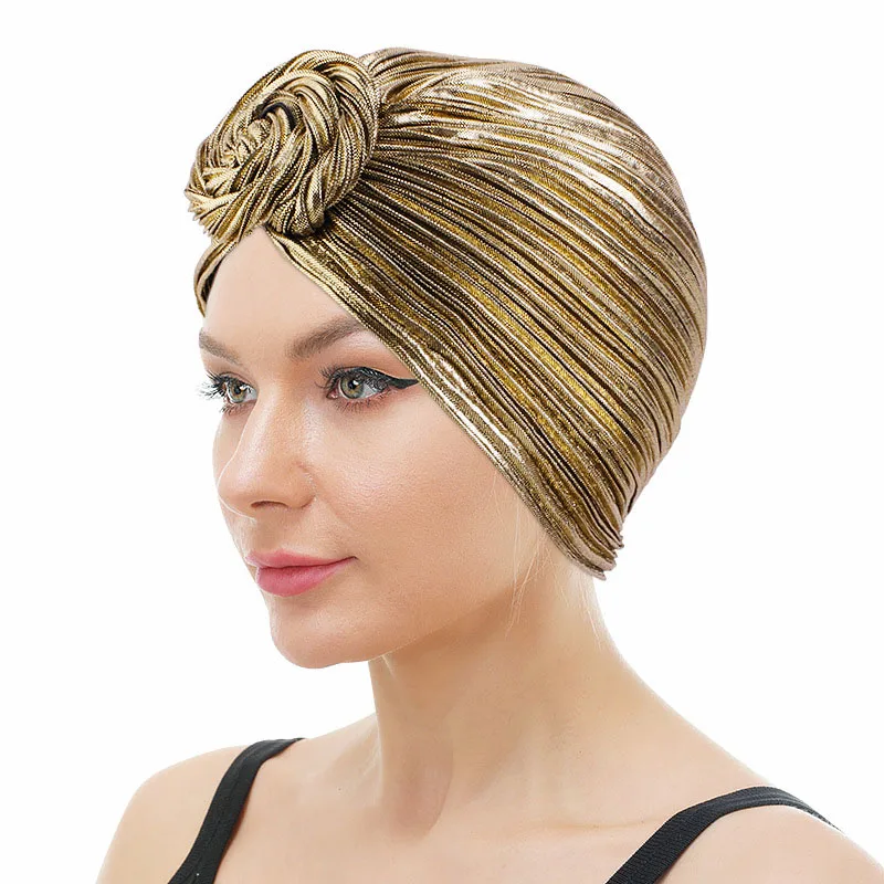 Women Solid Color Hair Turban Cap Female Shiny Muslim Hat Bonnet Top Knot Ruffle Head Cover Night Cap Headband Hair Accessories