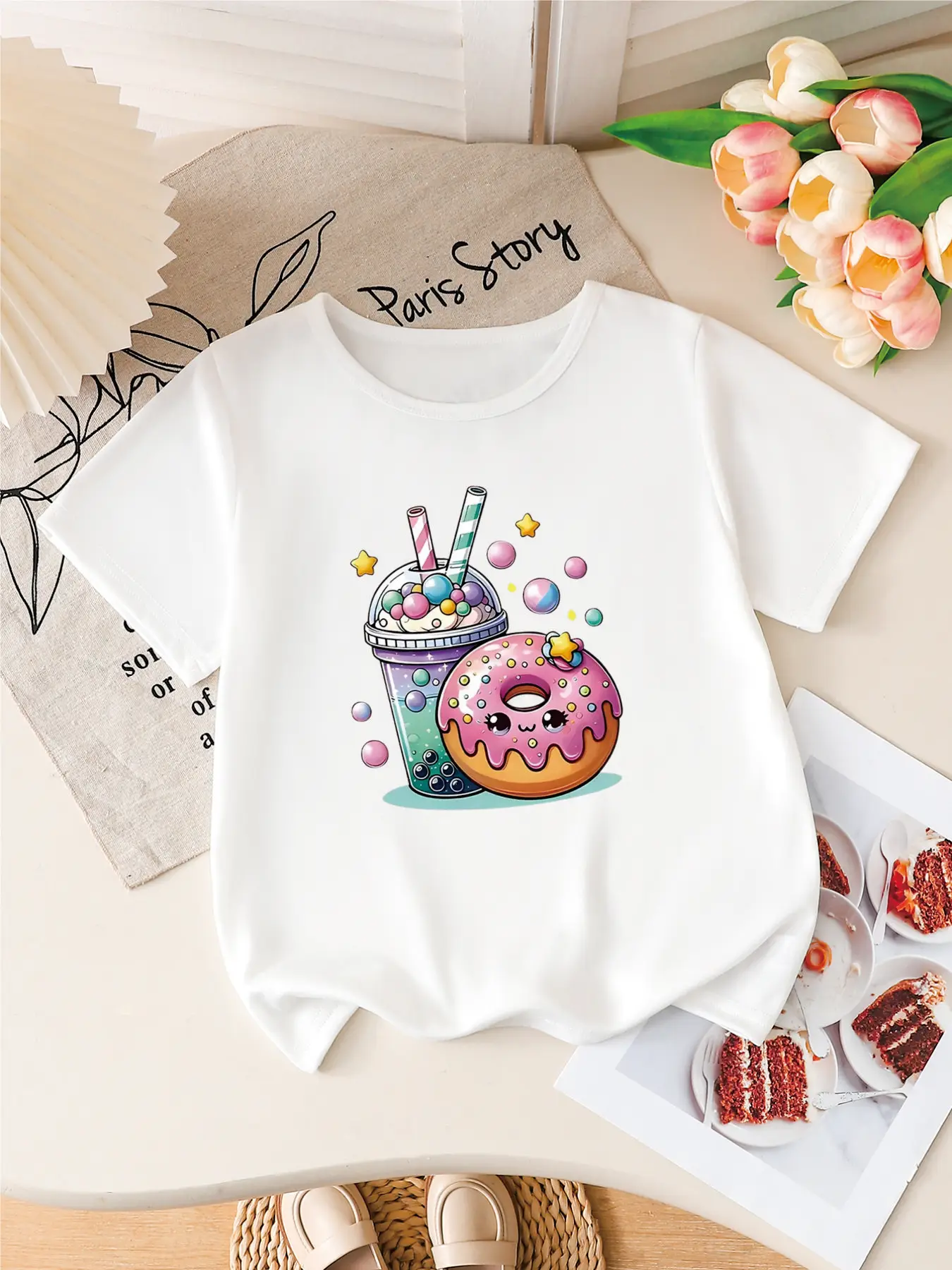 Kids Girls White T-Shirt, Cute Kawaii Bubble Tea & Donut Print Short Sleeve Tee for Casual Daily Wear