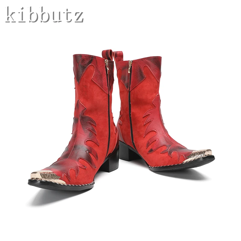Men Fashion Handmade Red Boots Luxury Design Golden Iron Toe Middles Heels Chelsea Boots for Male Party Dress