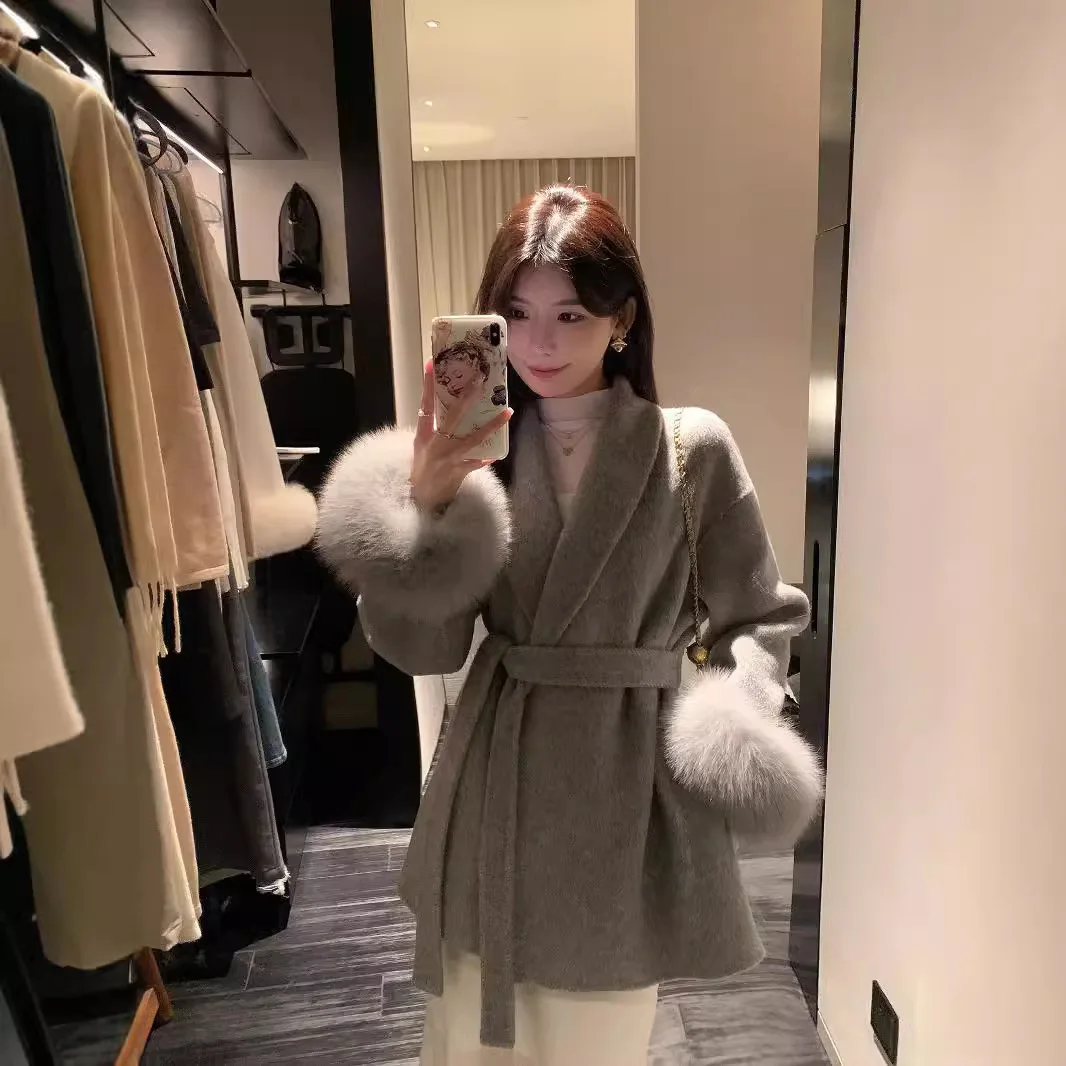 

Double-Sided Fur Coat Women's Woolen Mink Outerwear Autumn Winter Luxury Faion Series Belted Long Sve Coat