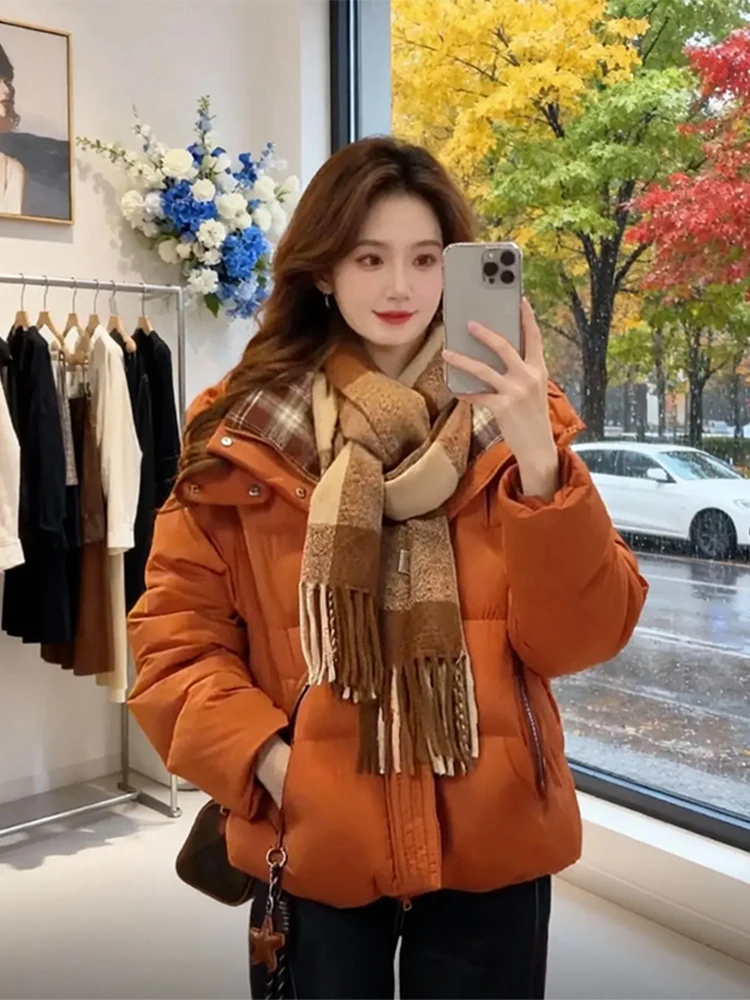 

Оранжевая утепленная хлопковая куртка с капюшоном для женщин, новая зимняя модная свободная трендовая хлопковая одежда в корейском стиле, длинная модель