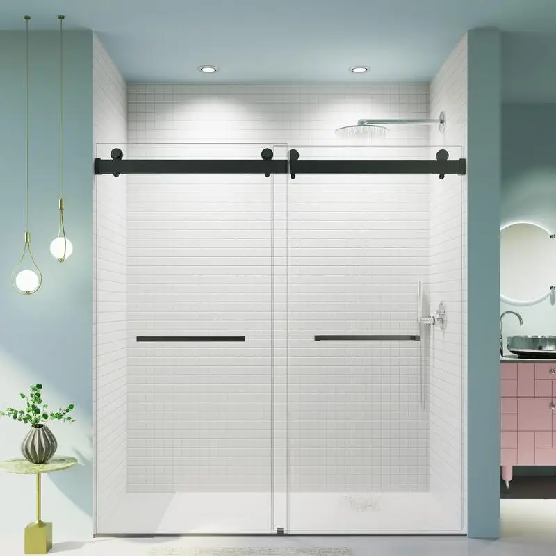 

Frameless Double Sliding Soft-Close Shower Door 68-72" x 76" 3/8" Thick Tempered Glass Matte Black Finish