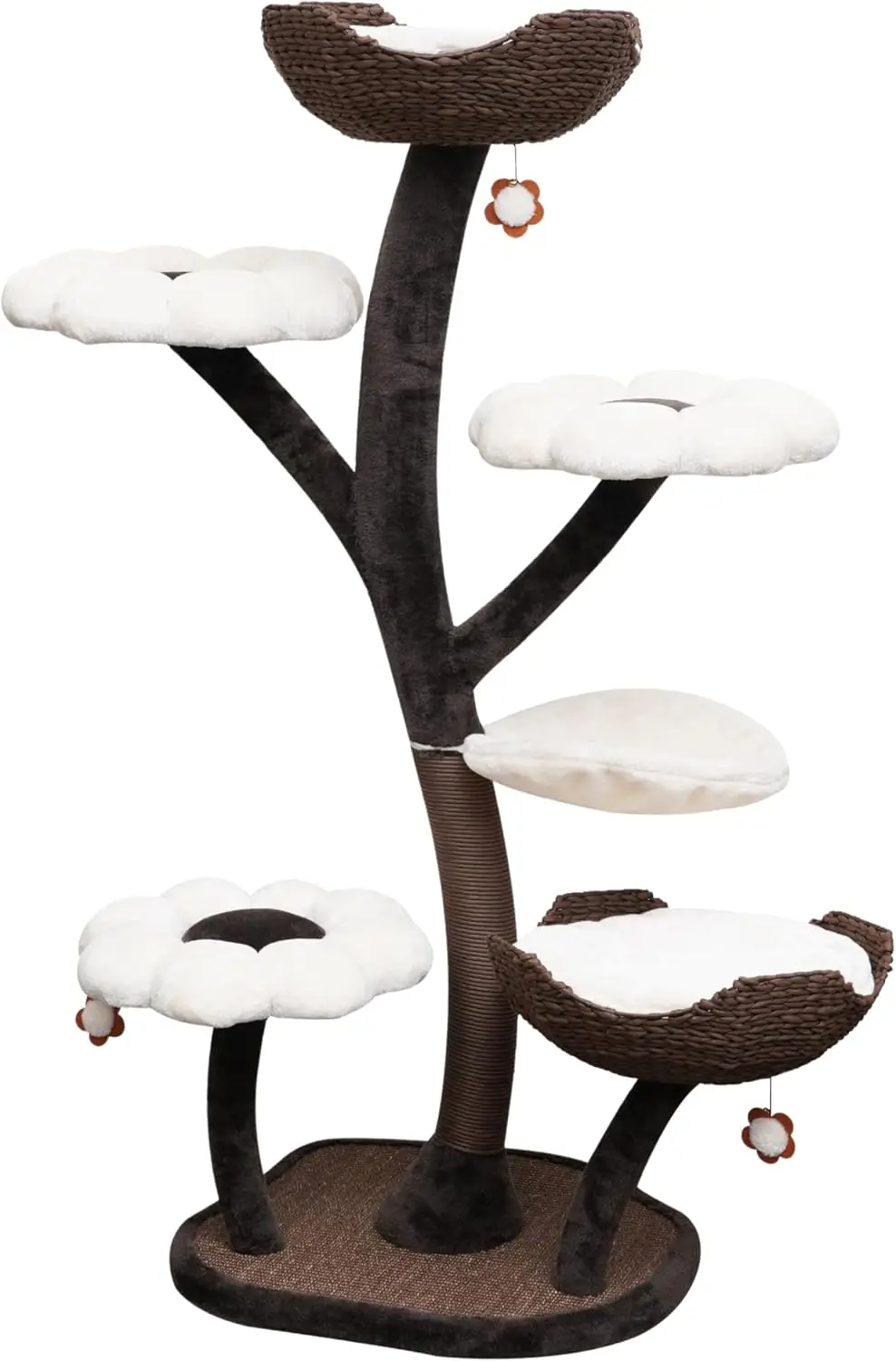 

59" High 6 Level Cat Tower with Flower Cat Perchs, Hand Woven Paper Nest Beds, , Iron Strong Post with Durable Base