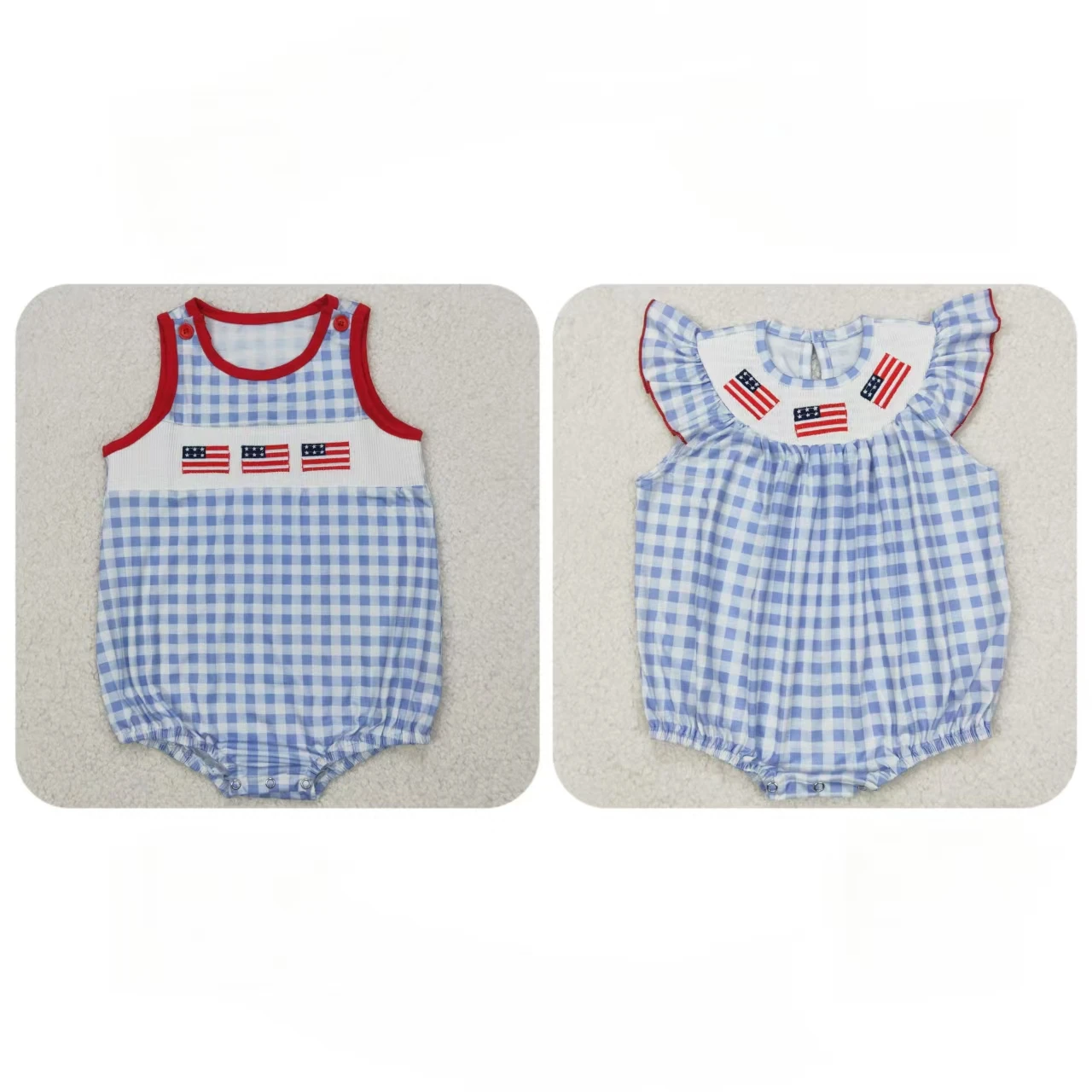 

Wholesale Toddler July 4th Flags Embroidery Newborn Children Short Sleeves Baby Boy Girl Overall Infant Bubble Blue Plaid Romper