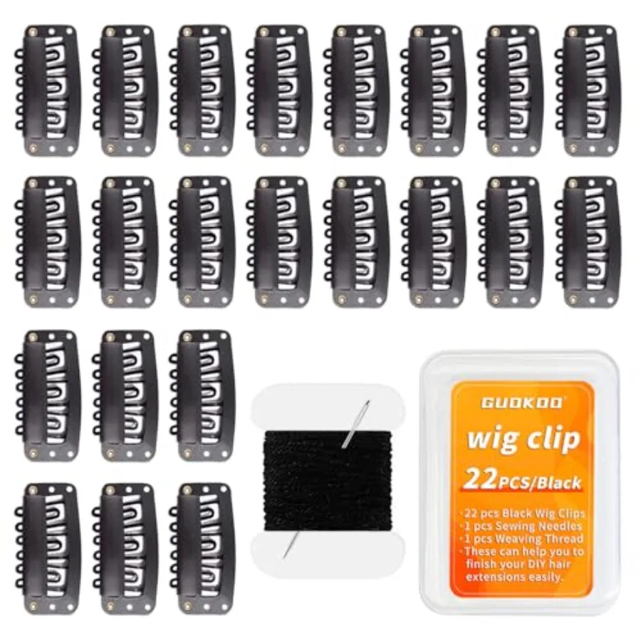

22 pcs 32mm Hair Extensions Clip Ins 6-Teeth U-Shape Black Hair Clips, with DIY Needle and Thread Kit - Snap Hair Clips for Wig