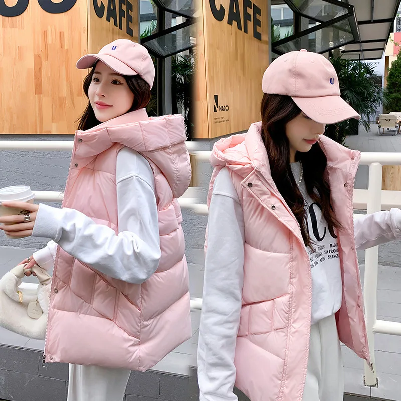 

New Winter Quilted Vest for Women Waterproof Thicken Hooded Waistcoat Korea Fashion Sleeveless Cotton Padded Vest Jacket