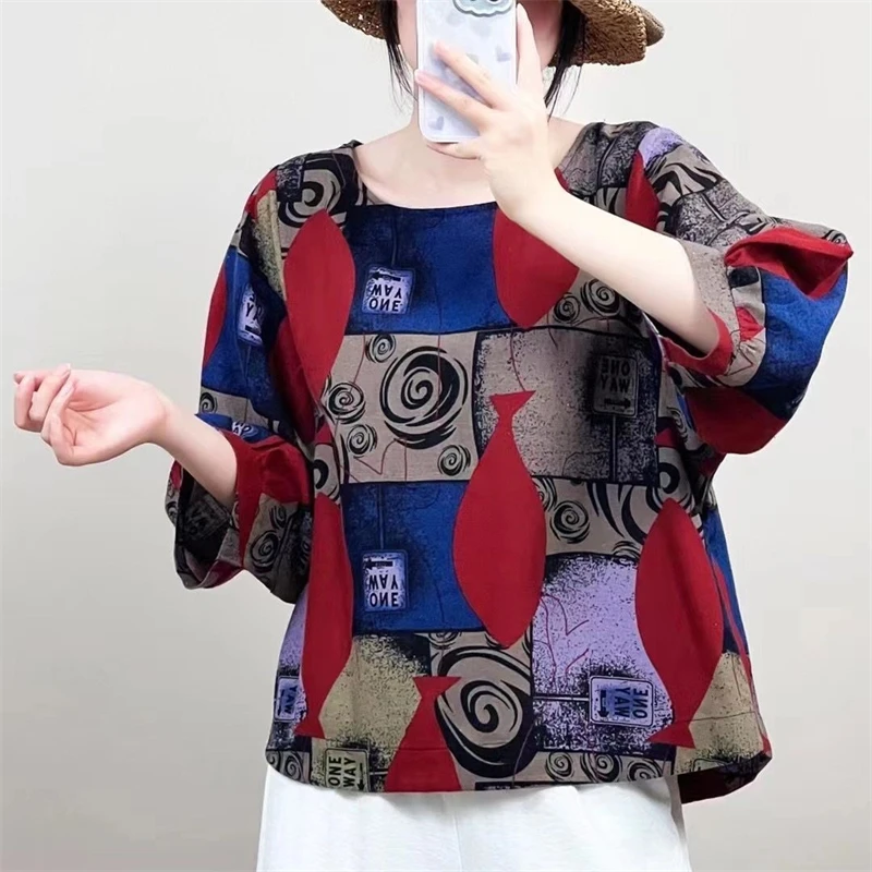 Women Vintage Ethnic Style Print Cotton Linen Blouse Casual Round Neck Three Quarter Sleeve Loose Tops Harajuku Blusas Femininas