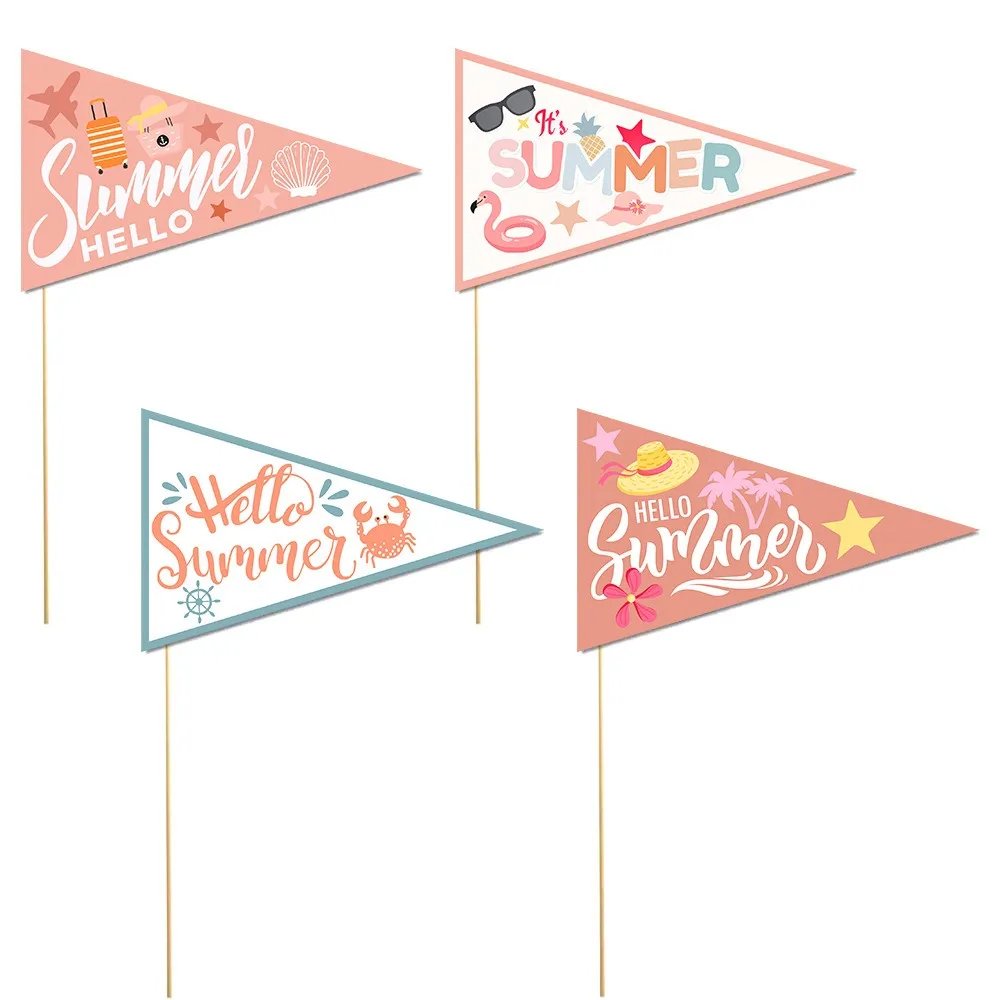 

12pcs Funny Celebrate Summer Themed Flags Ornament DIY Festival Triangular Flag Paper Pennant Vase Plugin For Kids Birthday