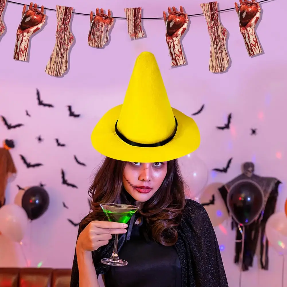 Adjustable Strap Witch Hat Yellow Felt Top Hat for Halloween Costume Party Pointy Witch Hat with Brim for Trick-or-treating