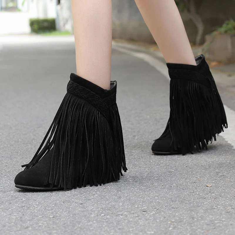 Bohemian Gypsy Boho Ethnic National Women Tassel Fringe Faux Suede Inner Increased Ankle Boots Girls Flat Shoes Short Booties 45