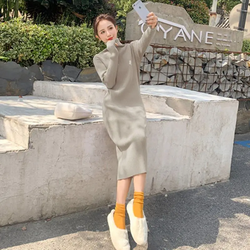 

Solid Turtleneck Woman Dress Dresses for Women Knitted Brown Crochet Off White Clothes Korean Style Promotion New in Knit Y2k