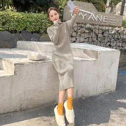 Solid Turtleneck Woman Dress Dresses for Women Knitted Brown Crochet Beige Clothes Korean Style Promotion New in Knit Y2k
