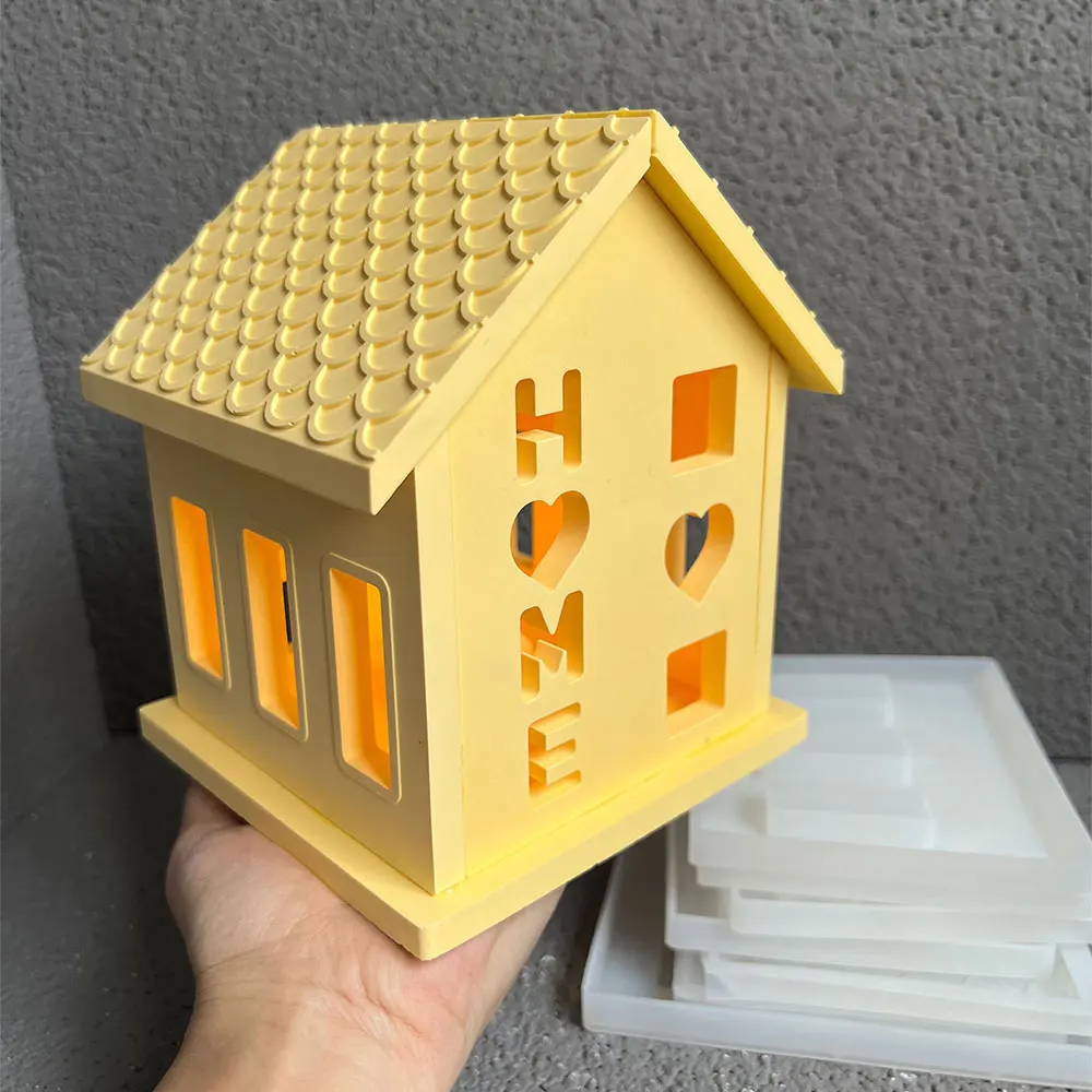 Love Cabin Candlestick Silicone Mold Hollow Love House Night Light Lampshade Plaster Mold Cement Candle Holder Lamp Mould