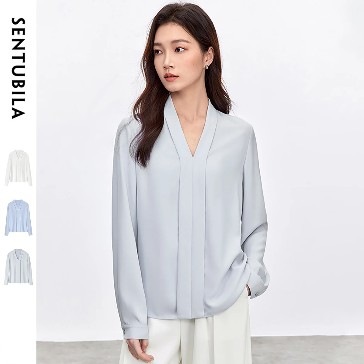

SENTUBILA Chiffon Grey Blouse For Women 2025 Fashion Long Sleeve V Neck Elegant Commute Simple Solid Woman Tops 151C58907