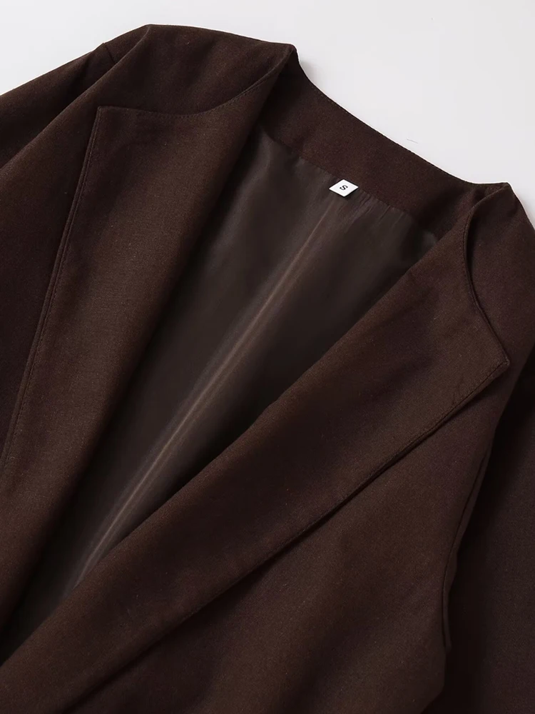 معطف نسائي أنيق بلون سادة مفتوح مع حزام فضفاض وأكمام طويلة ملابس خارجية نسائية أنيقة #3