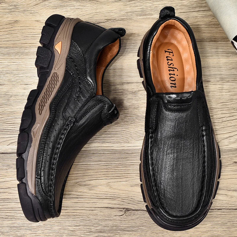 WAERTA Genuine Leather Handmade Shoes Men Loafers Slip On Business Casual Shoes Classic Soft Leather Breathable Men Shoes Flat