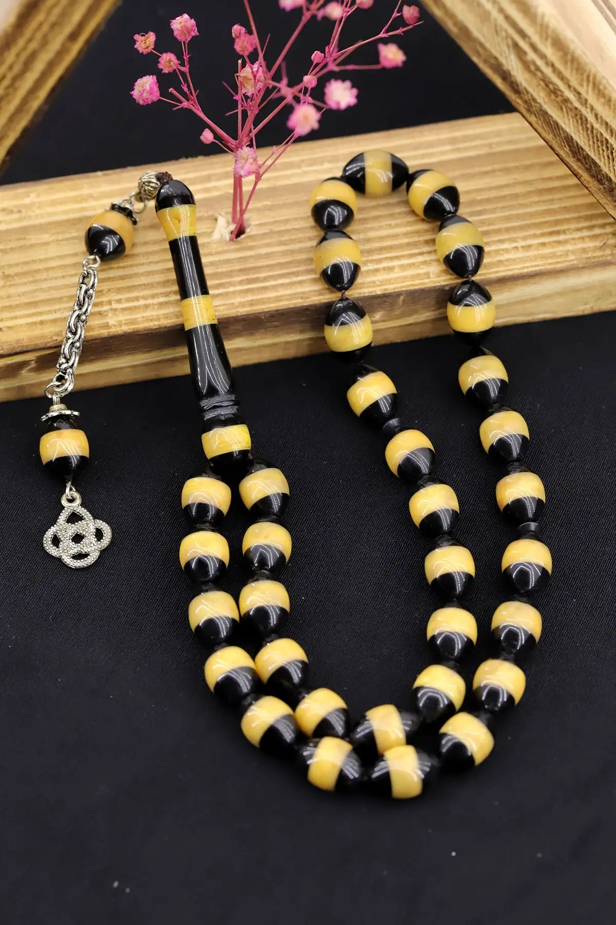 

Yellow Black Powder Amber Tasbih rosary is the most beautiful and original accessory very special gift muslim islam worship