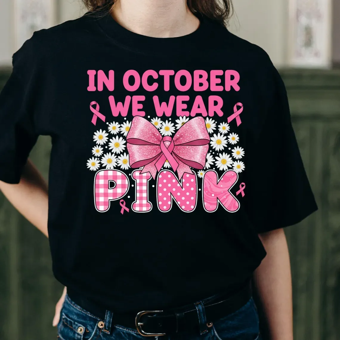 في أكتوبر نرتدي تي شيرت نسائي وردي مطبوع تي شيرت للتوعية بسرطان الثدي تي شيرت غير رسمي برقبة دائرية ملابس هيب هوب بأكمام قصيرة