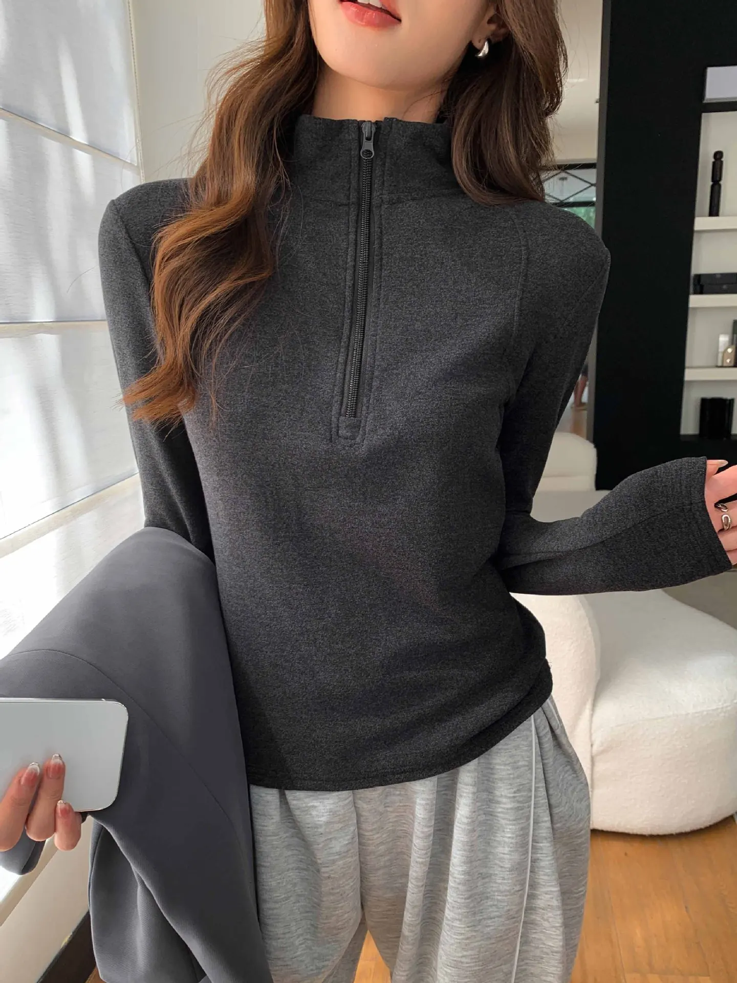 Brushed Half Zipper Pullover Women Autumn Winter Stand Up Collar Sweatshirt Korean Casual Loose Fit Sporty Pullover Tops