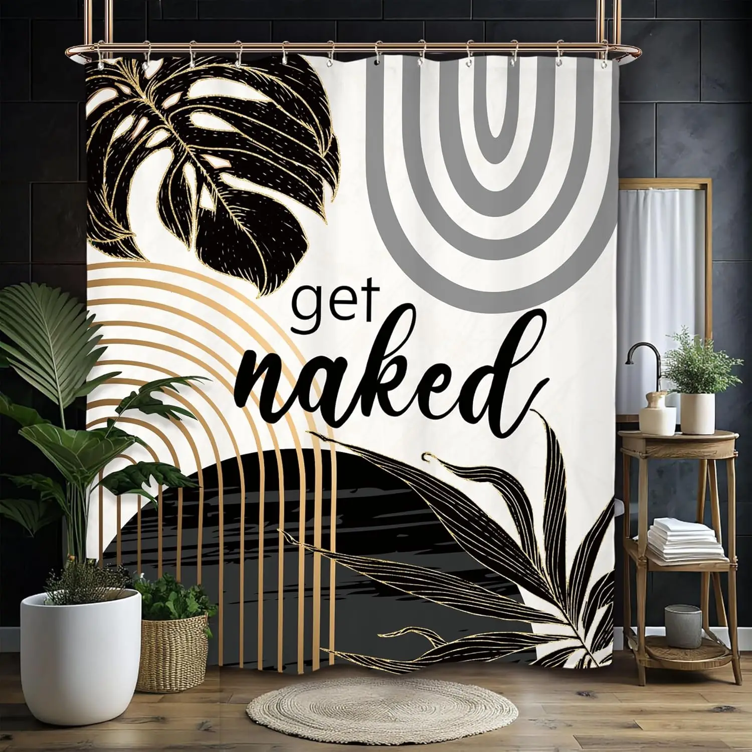 

Черно-серый абстрактный комплект занавесок для душа Get Naked Минималистский Эстетический Современный Современный Растение Полиэстер Водонепроницаемая Ванная комната