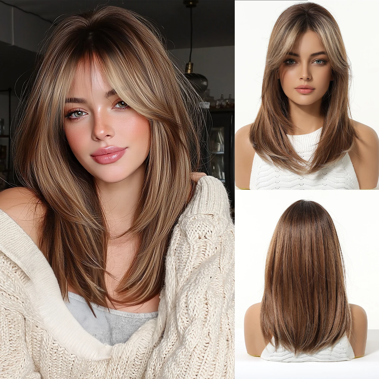 Short Layered Synthetic Wig Ombre Brown Medium Length Straight Natural Looking Hair Wig with Bangs Use Heat Resistant for Women