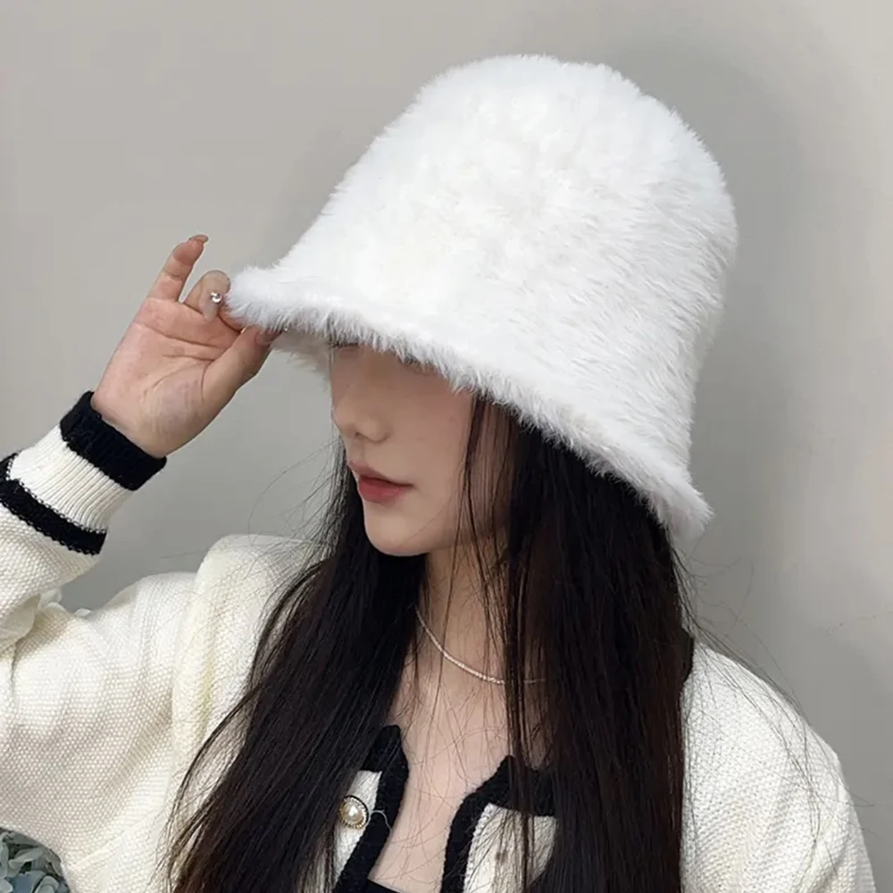 Fashion Warm Fisherman Hats Winter Rabbit Fur Bucket Hats Japanese Autumn Women Fashionable Versatile Dome Caps Basin Hat