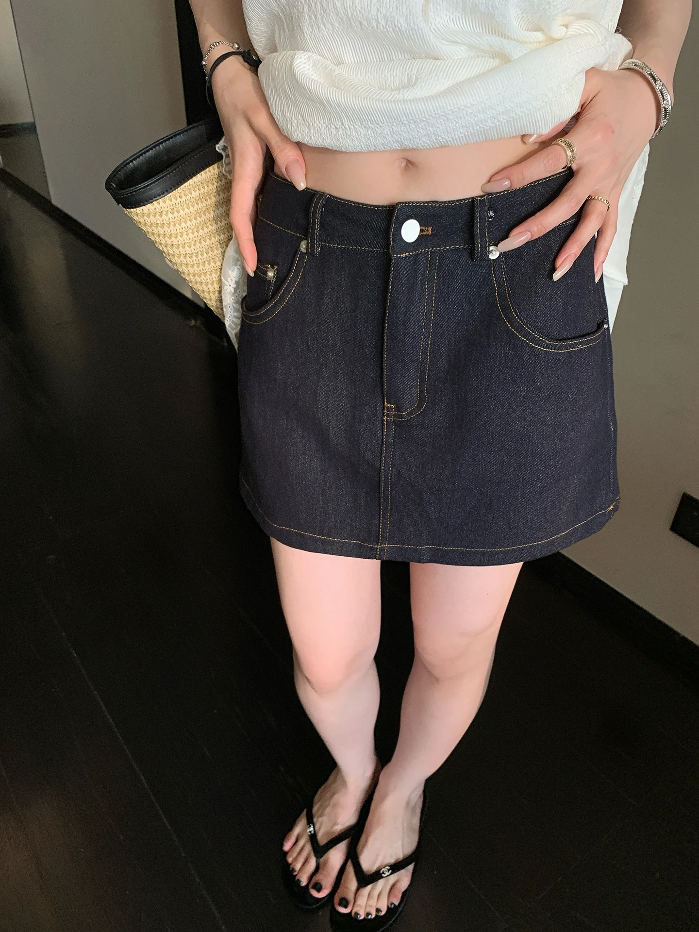 

Джинсовая юбка Lin Chuyi в американском ретро-стиле, цветная, из денима, женская, летняя, универсальная, с высокой талией, А-силуэт, облегающая, стройнящая