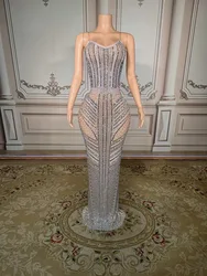 Silvery Sparkling Luxury Rhinestone Sexy Dress Birthday Evening Party Performance Costume Bar Nightclub Singer Dancer Stage Wear