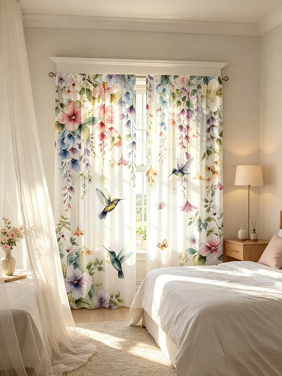 2PCS Digital Printed Curtains, Hummingbird Floral Pattern, Watercolor Art Style for Living Room Bedroom Kitchen Home Decor