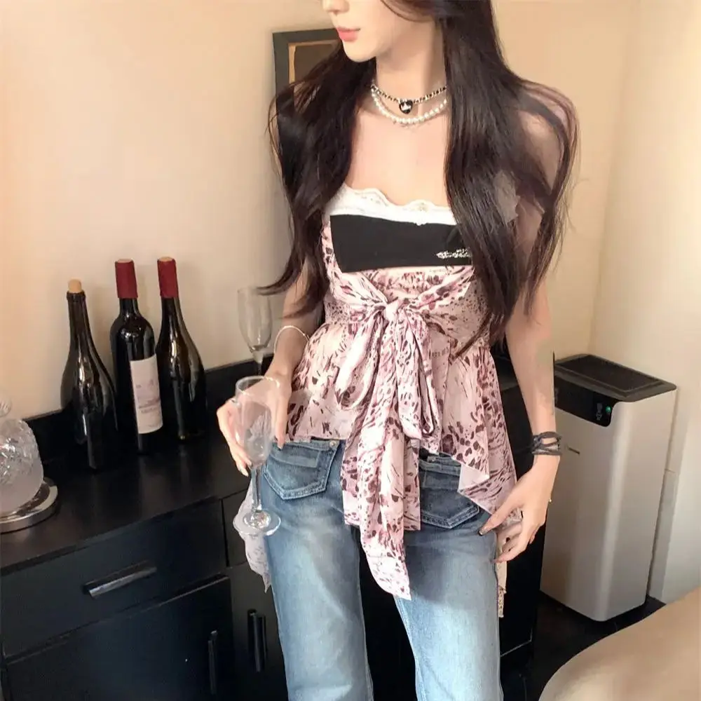 Pure Style Red Plaid Vest Suspender Women Spring Summer New Style Spliced ​​Lace V-Neck Sexy Halter Neck Top