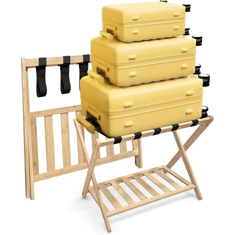 

Luggage Rack for Guest Room, Bedroom, Hotel - Natural Bamboo Suitcase Stand, Foldable with 2 Layers - Luggage Racks