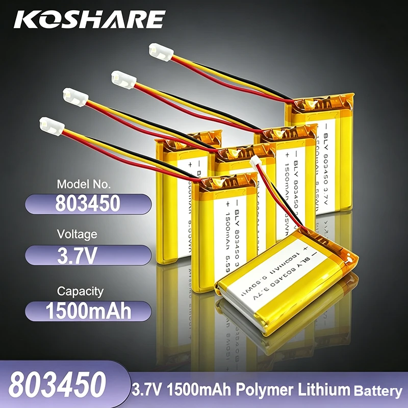 KOSHARE 3.7V 1500mAh 803450 Li-Polymer LiPo Rechargeable Battery With PH 1.25mm 3pin Connector For MP3 DVD PAD Camera GPS Laptop