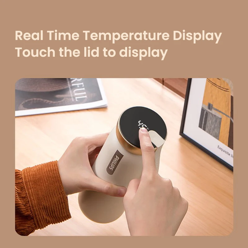 แก้วเก็บความร้อนฟิลิปส์พร้อมจอแสดงอุณหภูมิ AWP2775 หน้าจอสัมผัสแสดงอุณหภูมิ 460 มล. แผ่นซิลิโคนกันลื่น