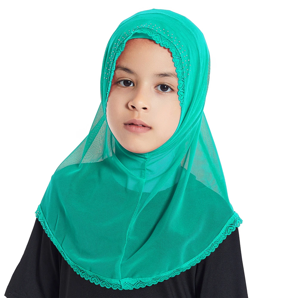 Eendelig Amira Kids Girls Moslim Instant Hijab Hoofddoek Bloem Tulband Shawl Wikkel Overhead Pull Aan Kant Gemaakt Om Pet 7-12y Te Dragen