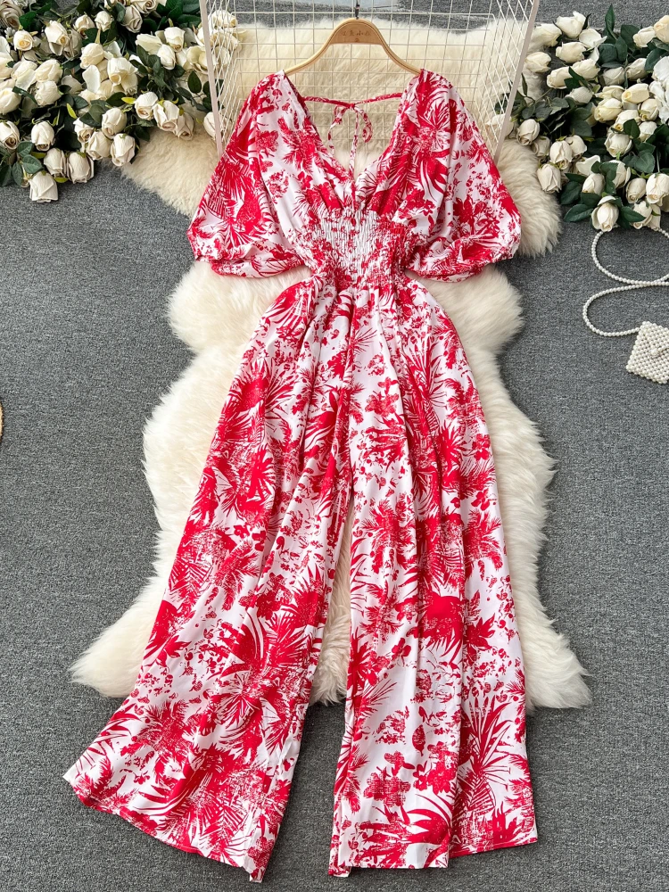 

Women Elegant Sexy Print Chiffon Jumpsuit Summer V-neck Short Sleeved High Waist Slim A-line Wide Leg Pants