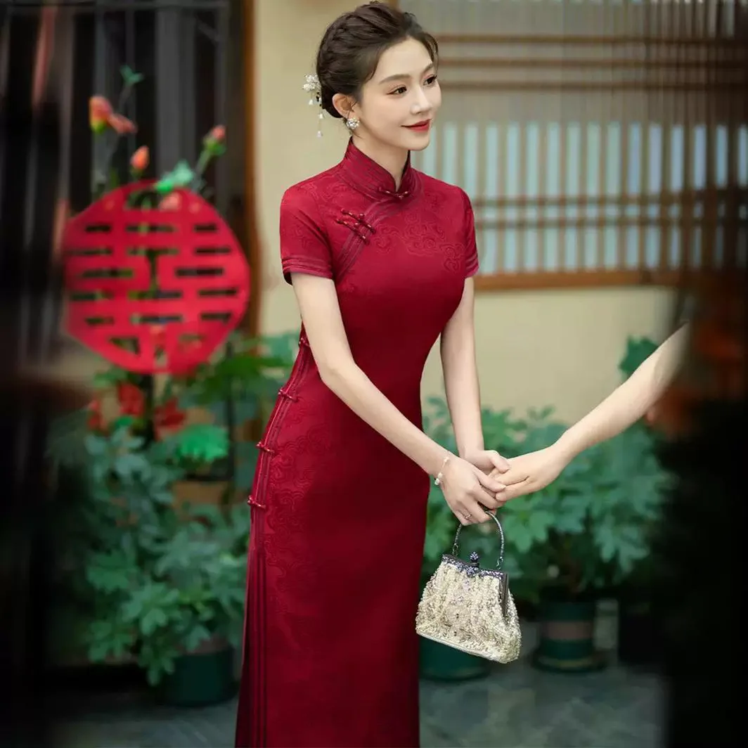 High-End Red High Quality Real Silk Cheongsam Qipao Wedding Reception Clothes 2024 New Improved Dress