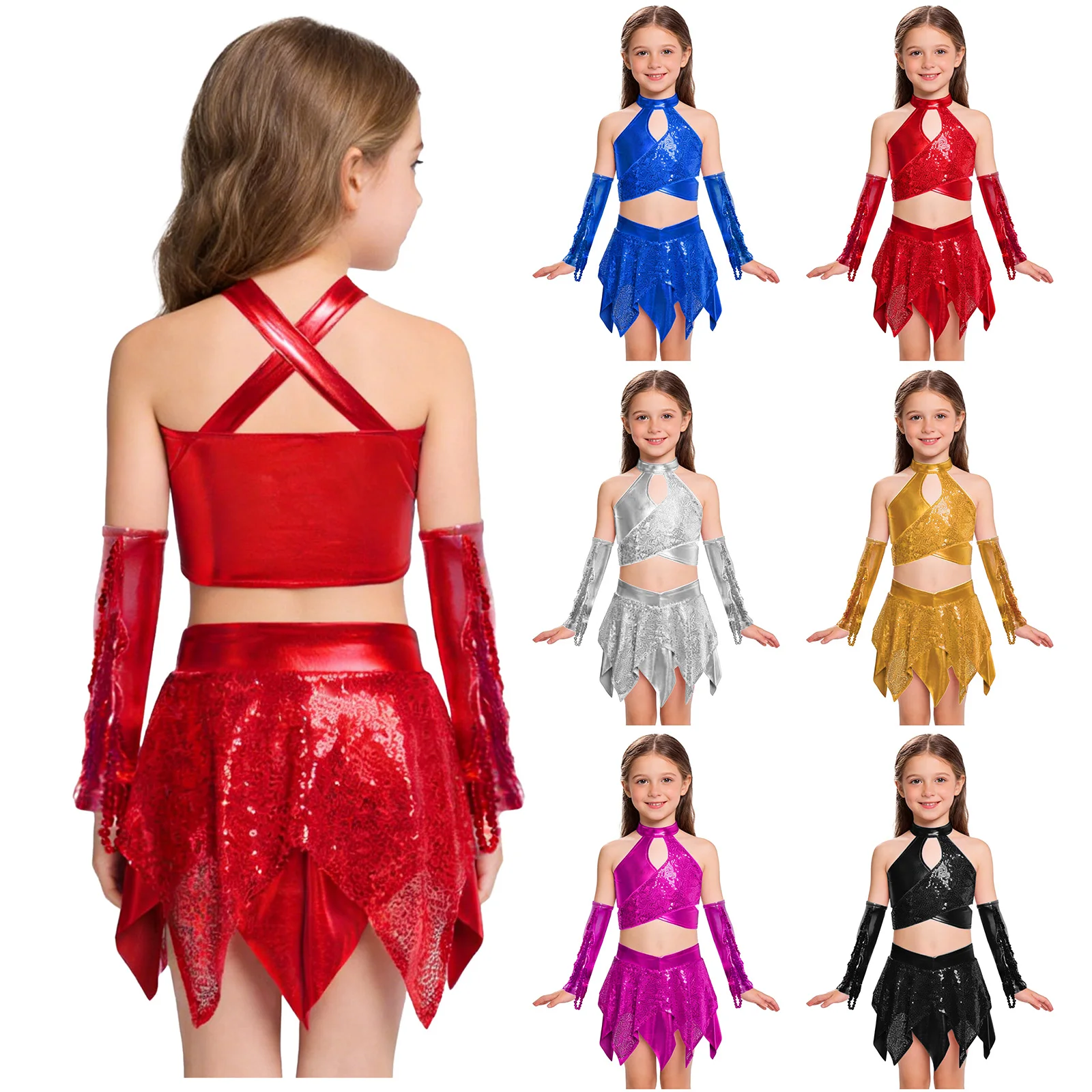 Kinder Mädchen Jazz Dance Kostüm Outfit Latin Tango Cha-Cha Salsa Dancewear Glitzerndes Pailletten Crop Top mit Rock und Quasten Handschuhen
