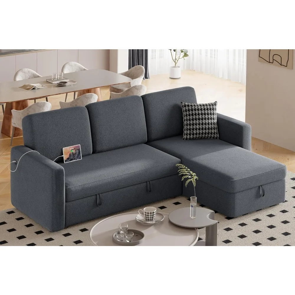 Living Room Sofas with Chaise, USB, Pull Out Bed & Storage Space, 4-seat Fabric Convertible Sofa, L-Shaped Sofas