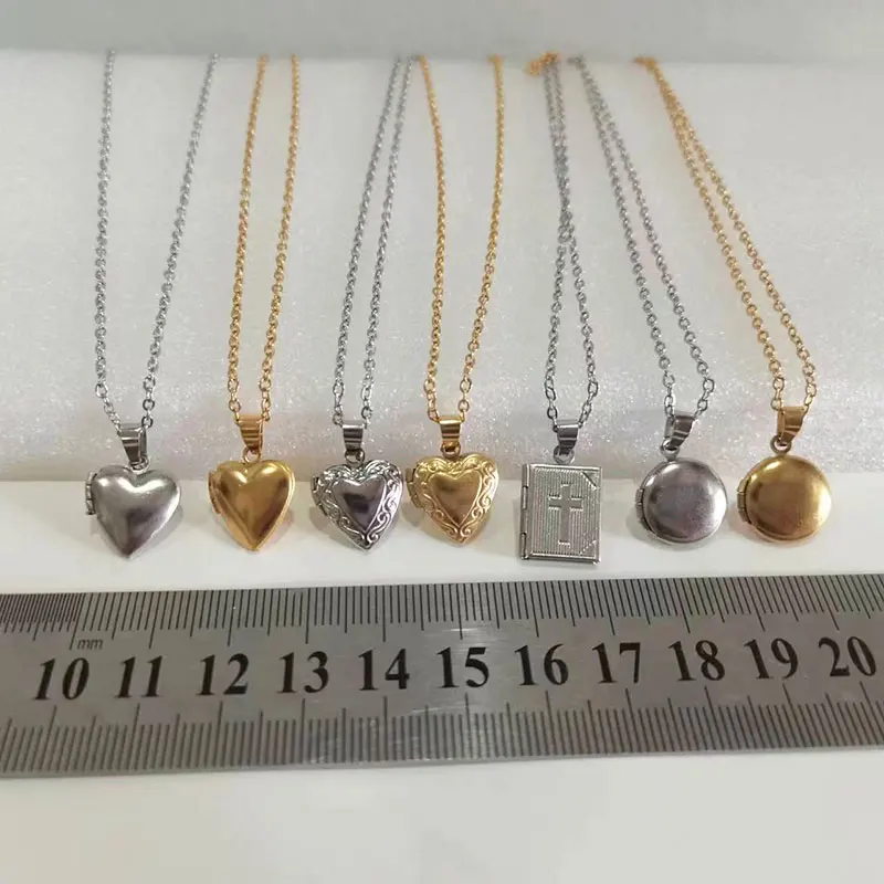 Polish 10pc Tiny Heart Book Round 10mm Stainless Steel Locket Charms Pendant Necklaces Secret Women Memorial Making Jewelry Gift