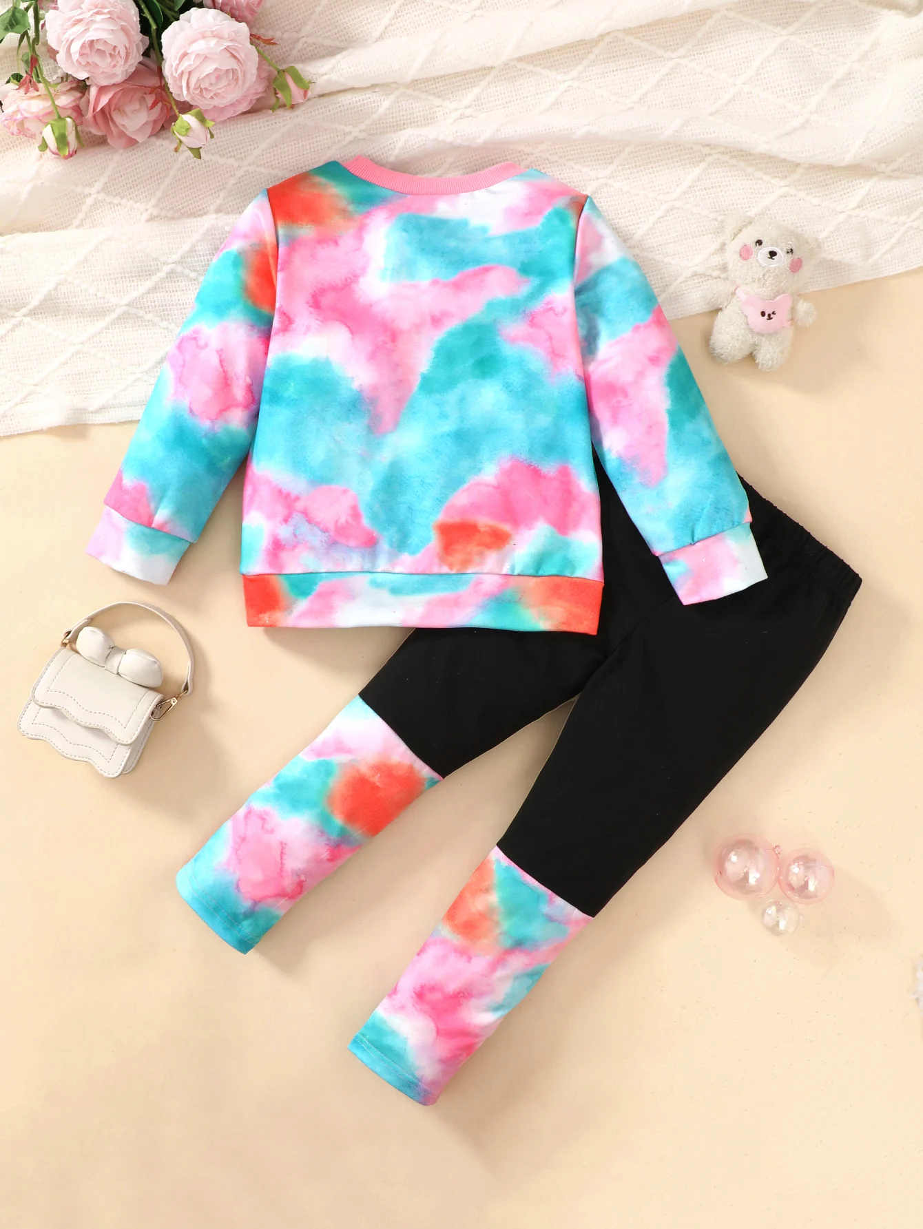 4-7 Jahre Mädchen-Set, Rundhals, Cartoon, süßes Kätzchen, Batikmuster, Langarmshirt + lange Hose, 2-teiliges Set, Mädchen-Frühlings- und Herbstmode-Set – Detail 2