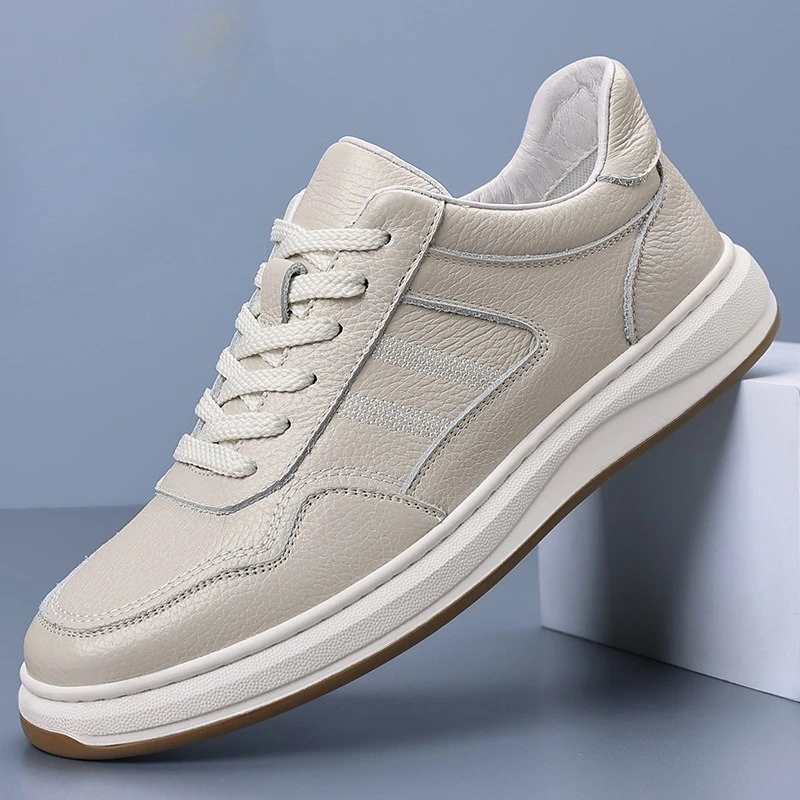 Men's Genuine Leather Casual Shoes Premium Top Grain White Sneakers Platform Sole Comfortable Durable Fashion Footwear Sneakers