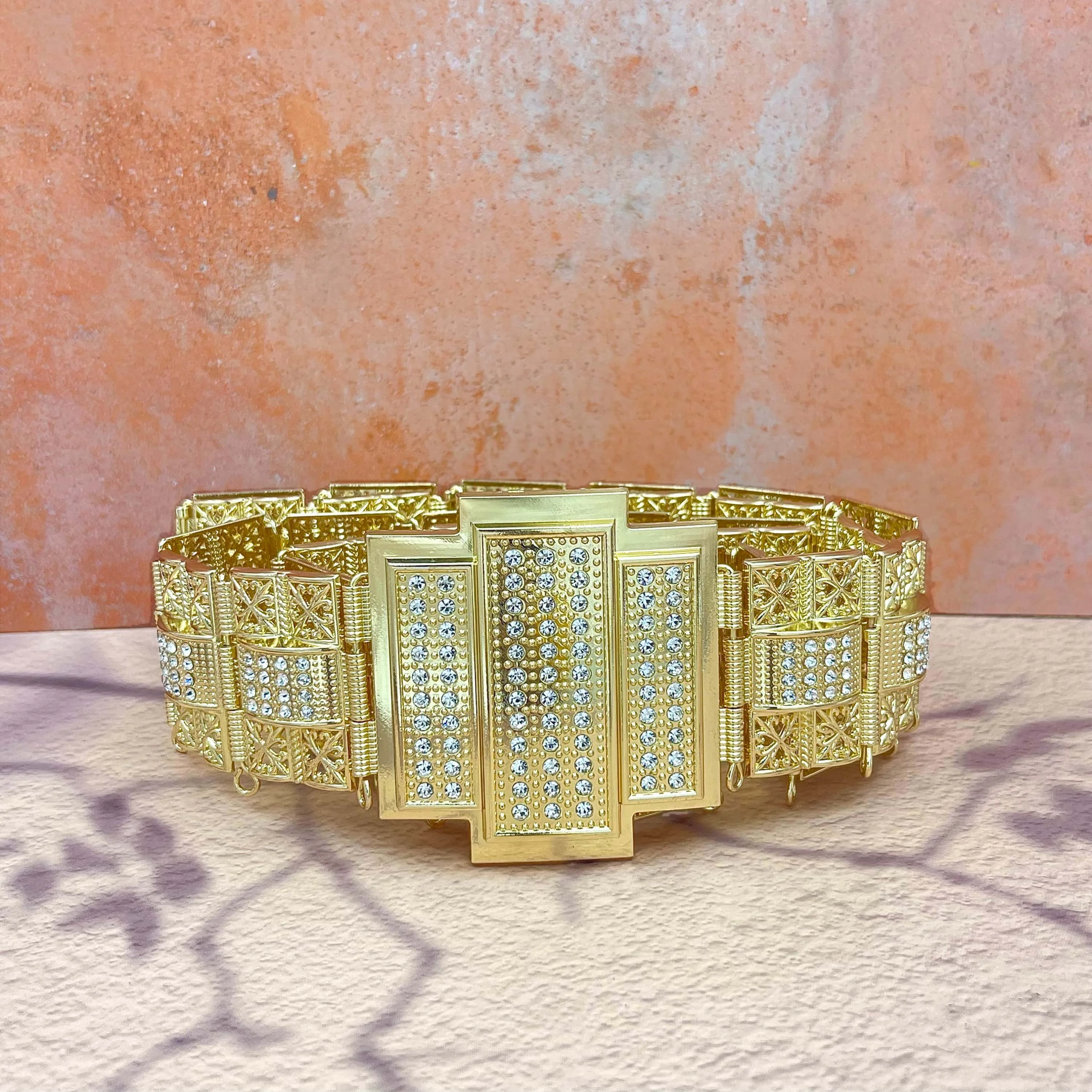 Retro Heavyweight Gold-Tone Inlaid Geometric Embossed Metal Chain Wide Waist Belt