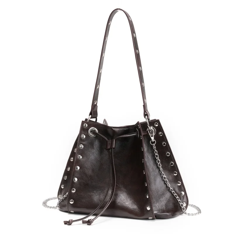New Retro Motorcycle Bag Riveted Underarm Soft Leather Women's Handbag Ruffled Bucket Bag Single Shoulder Crossbody Bag