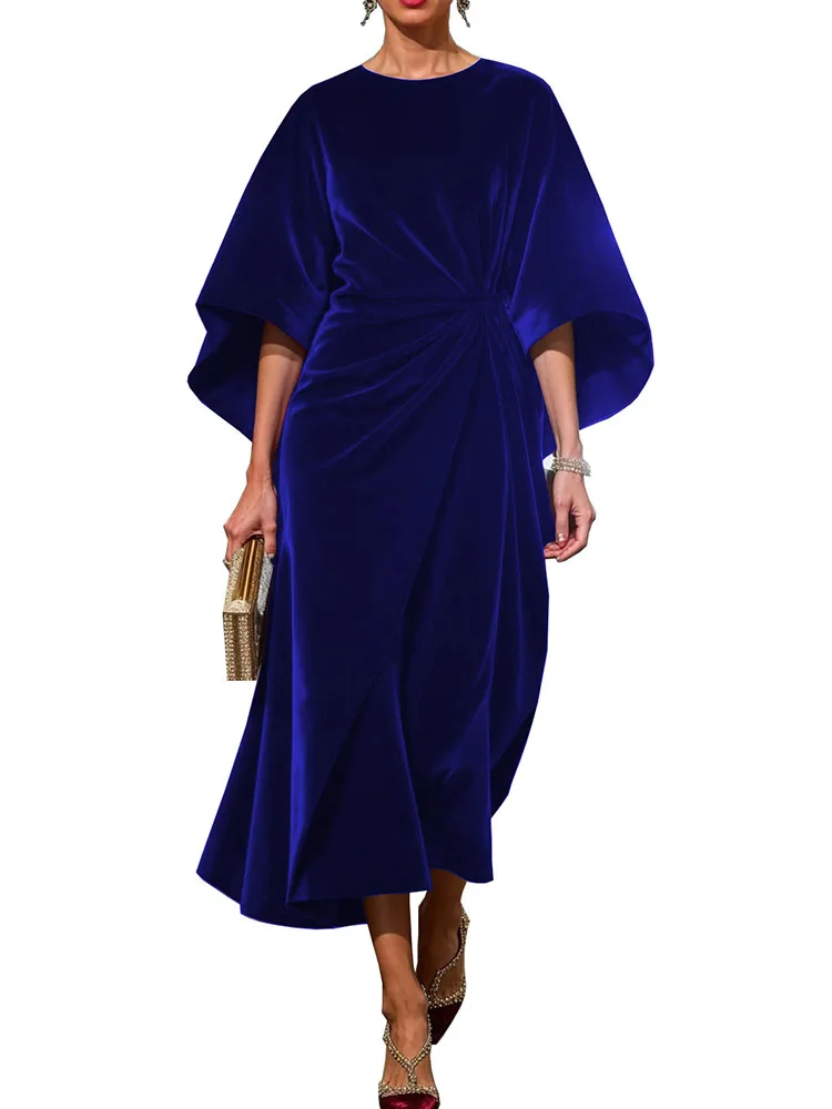 فستان نسائي أنيق وأنيق بخصر مخملي ذهبي فستان بأكمام خفاش جديد لربيع وخريف فساتين حفلات متينة 2025 فساتين نسائية