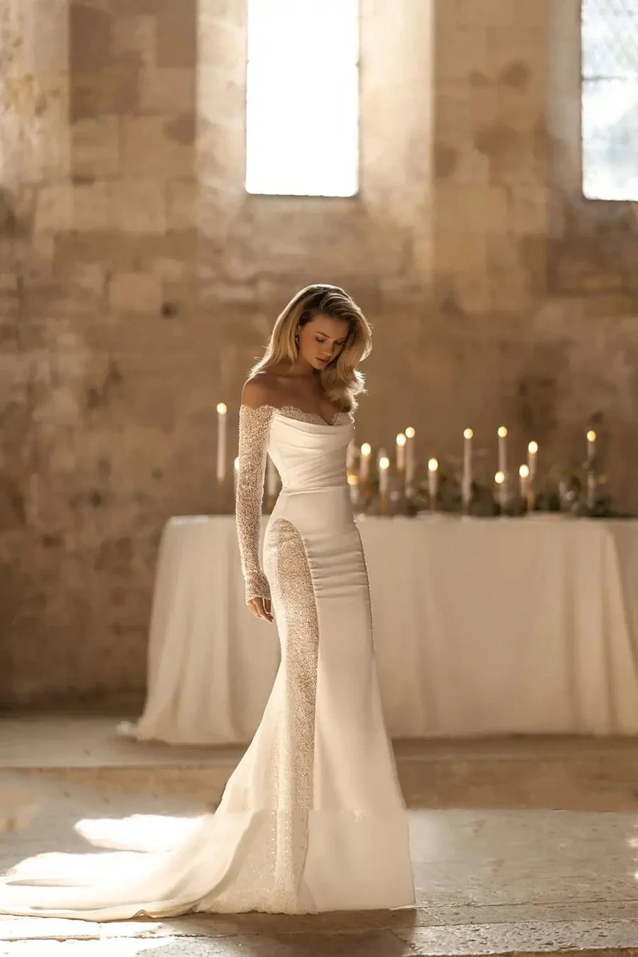 

Flavinke Customized Off Shoulder Long Sleeve Sweetheart Sexy Bride Gown Mermaid Dresses 2025 Wedding Dresses vestidos de novia